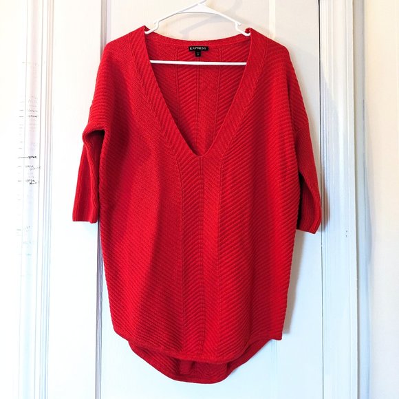 Express 100% Cotton Red V Neck Poncho Style Sweater - Picture 1 of 7